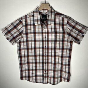Prana‎ Mens MEDIUM Rust Gray Plaid Short Sleeve Button Down Shirt